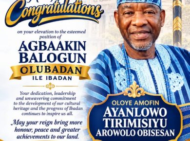 Arie.san_Otb Global Resources CEO Congratulates Oloye Amofin Ayanlowo Tirimisiyu Obisesan on Elevation to Agbaakin Balogun of Ibadanland